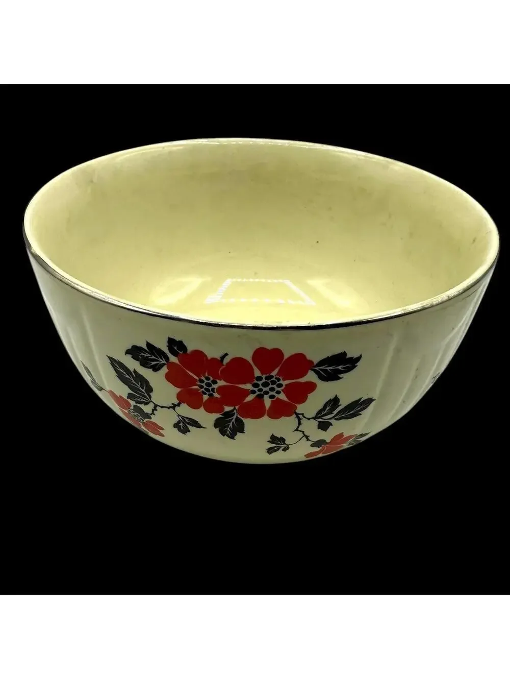Vintage 1940s Hall China Mixing Bow, Red Poppy Pattern, Silver Rim